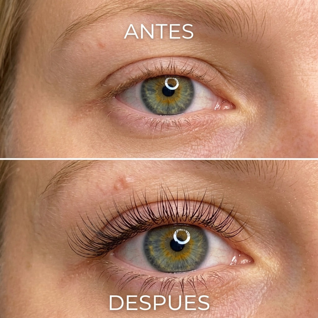 Antes y después de la apariencia de pestañas en mujer adulta